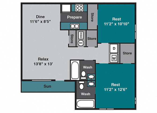 Floor plan for 2 beds, 2 baths, 950 sqft